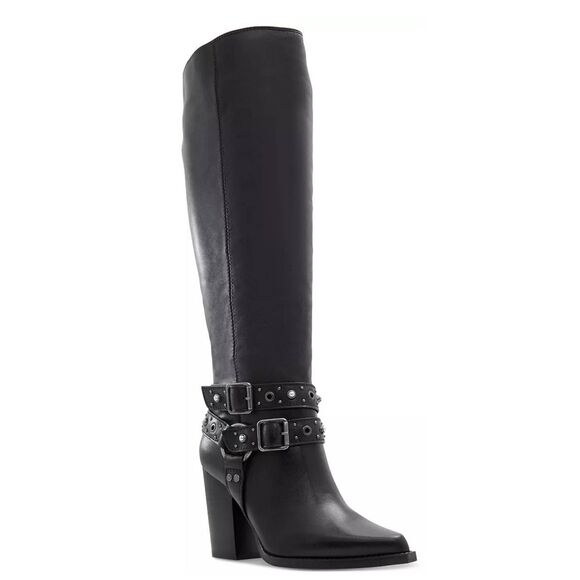 Aldo Thelidan Buckle Pointed Toe Knee High Boots Size 8.5 in Black Block Heel - Picture 1 of 6